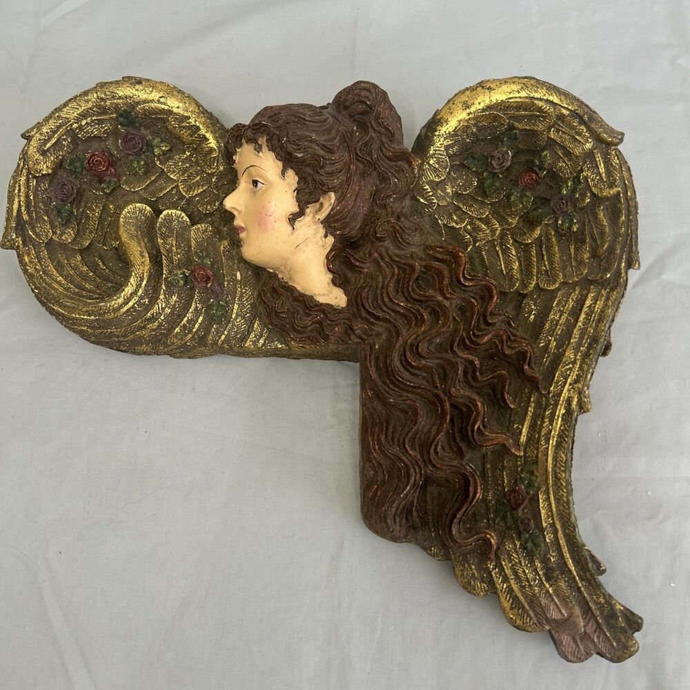 Vintage Angel Cherub Corner Door Mount Wall Decor Golden Gilt Holiday Religious